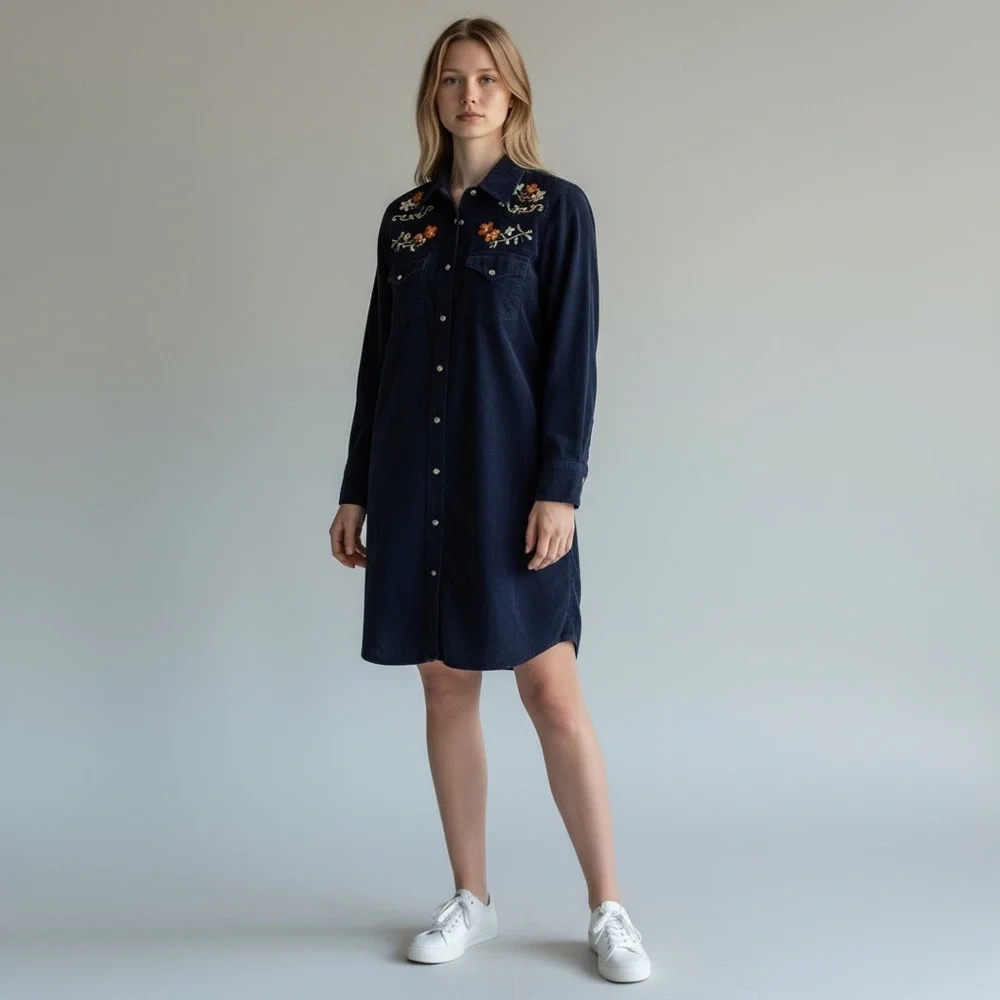 Ivy Jane Navy Blue Corduroy Embroidered Pearl Snap Dress Size Small - Picture 10 of 11
